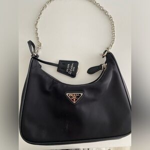 Prada Black Nylon Shoulder Bag with Silver-Tone Chain